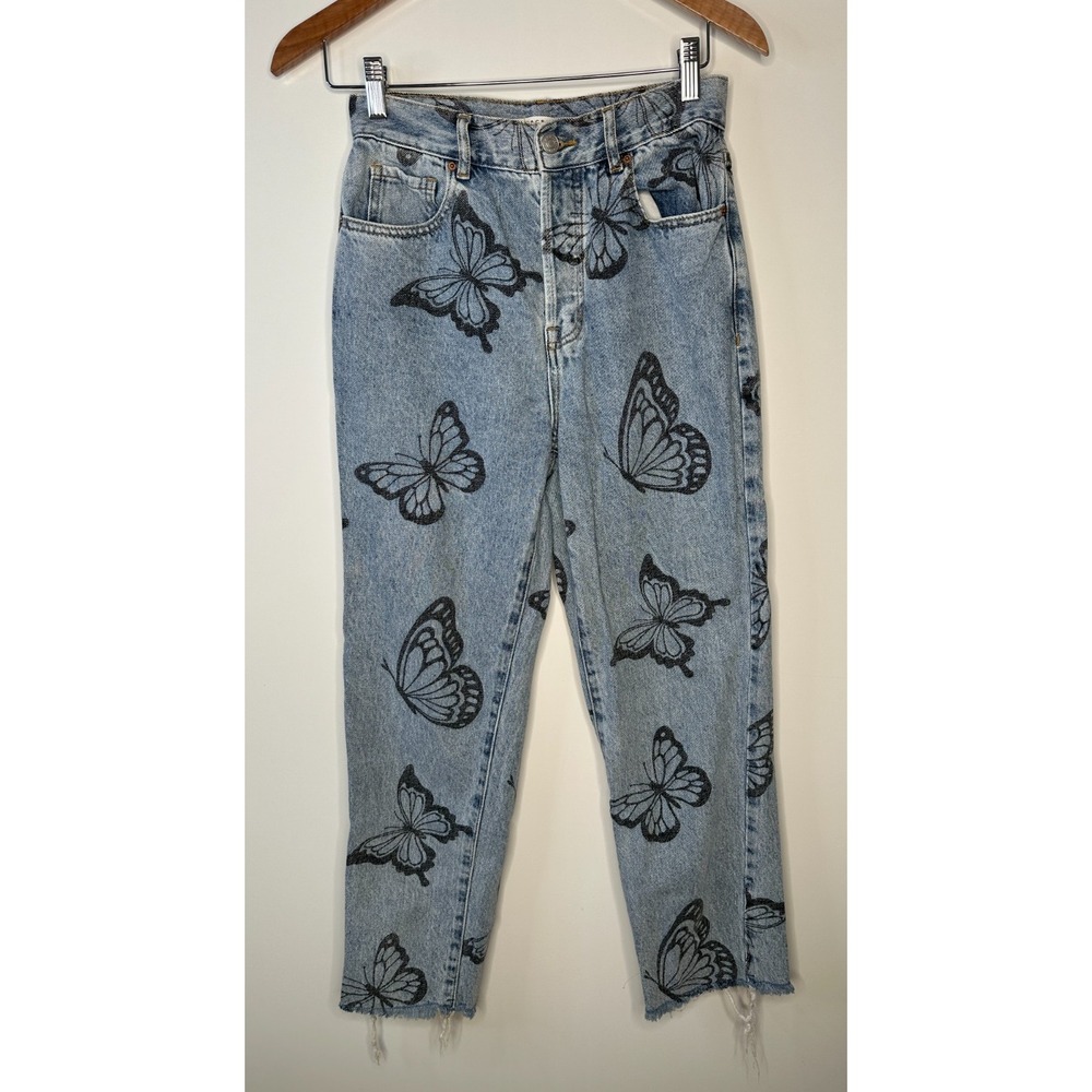 PacSun Butterfly Printed High Rise Straight Jeans Blue Denim Women's Size 26 - Picture 2 of 11